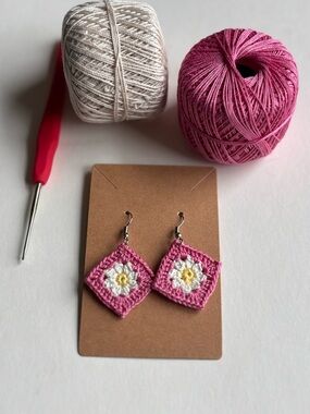 Hand Crafted Pink and White Crochet Daisy Square Earrings